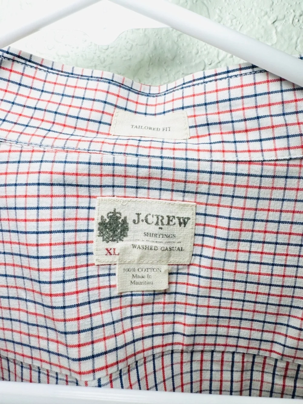J Crew Dress Shirt Mens XL Tailored Fit Red White Blue Plaid 100% Cotton Classic